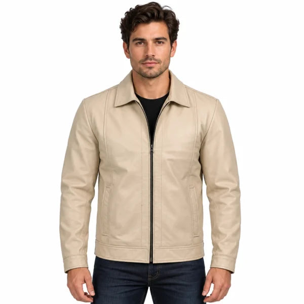 Beige Leather Harrington Jacket
