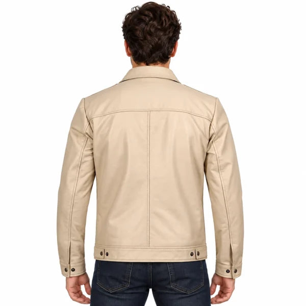 Beige Leather Harrington Jacket