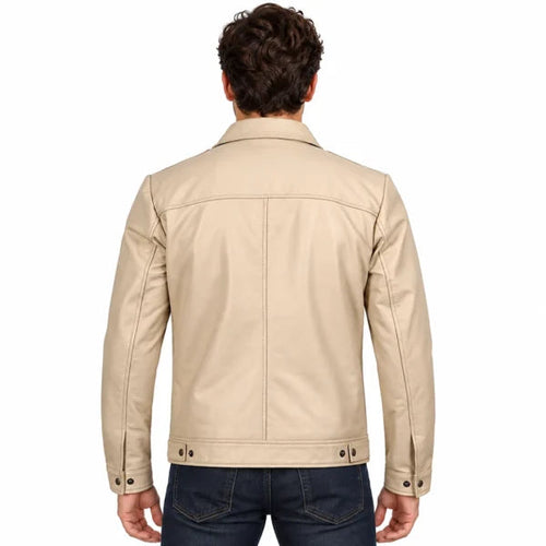 Beige Leather Harrington Jacket