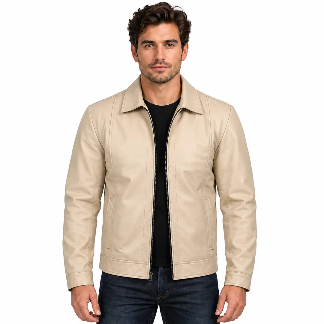 Beige Leather Harrington Jacket