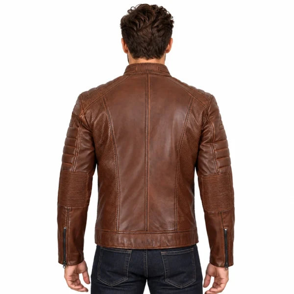 Men Waxed Cognac Leather Motorcycle Jacket