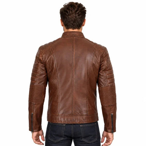 Men Waxed Cognac Leather Motorcycle Jacket