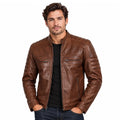 Men Waxed Cognac Leather Motorcycle Jacket