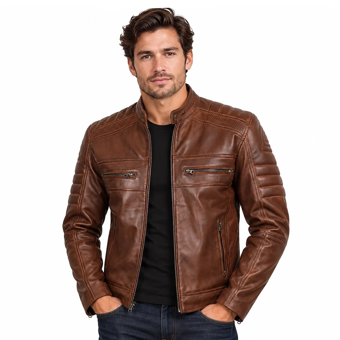 Men Waxed Cognac Leather Motorcycle Jacket