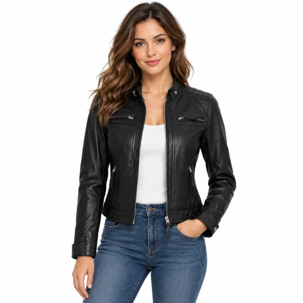 Women Classic Black Cafe Racer Motorcycle Jacket