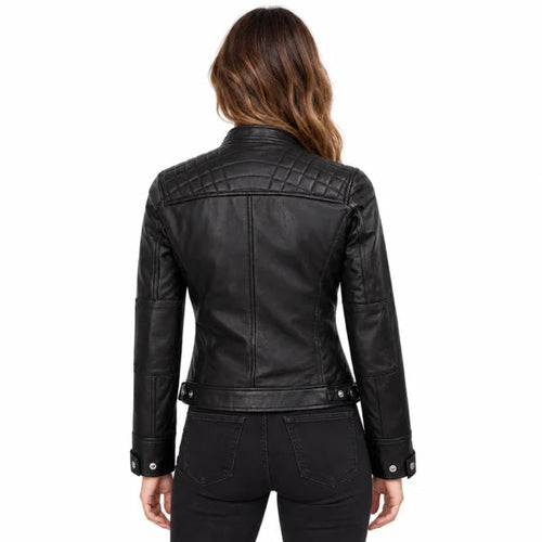 Women Classic Black Cafe Racer Motorcycle Jacket
