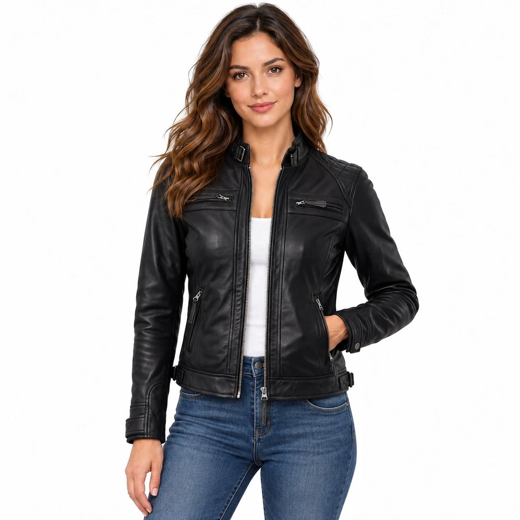 Women Classic Black Cafe Racer Motorcycle Jacket