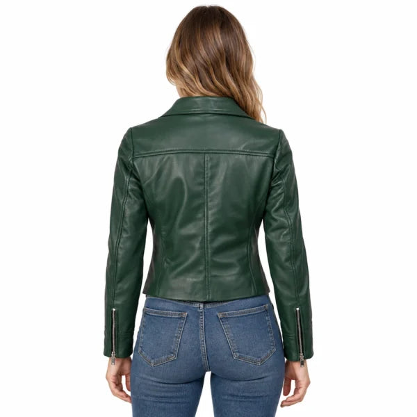 Womens Ninfa Green Real Leather Motorcycle Jacket